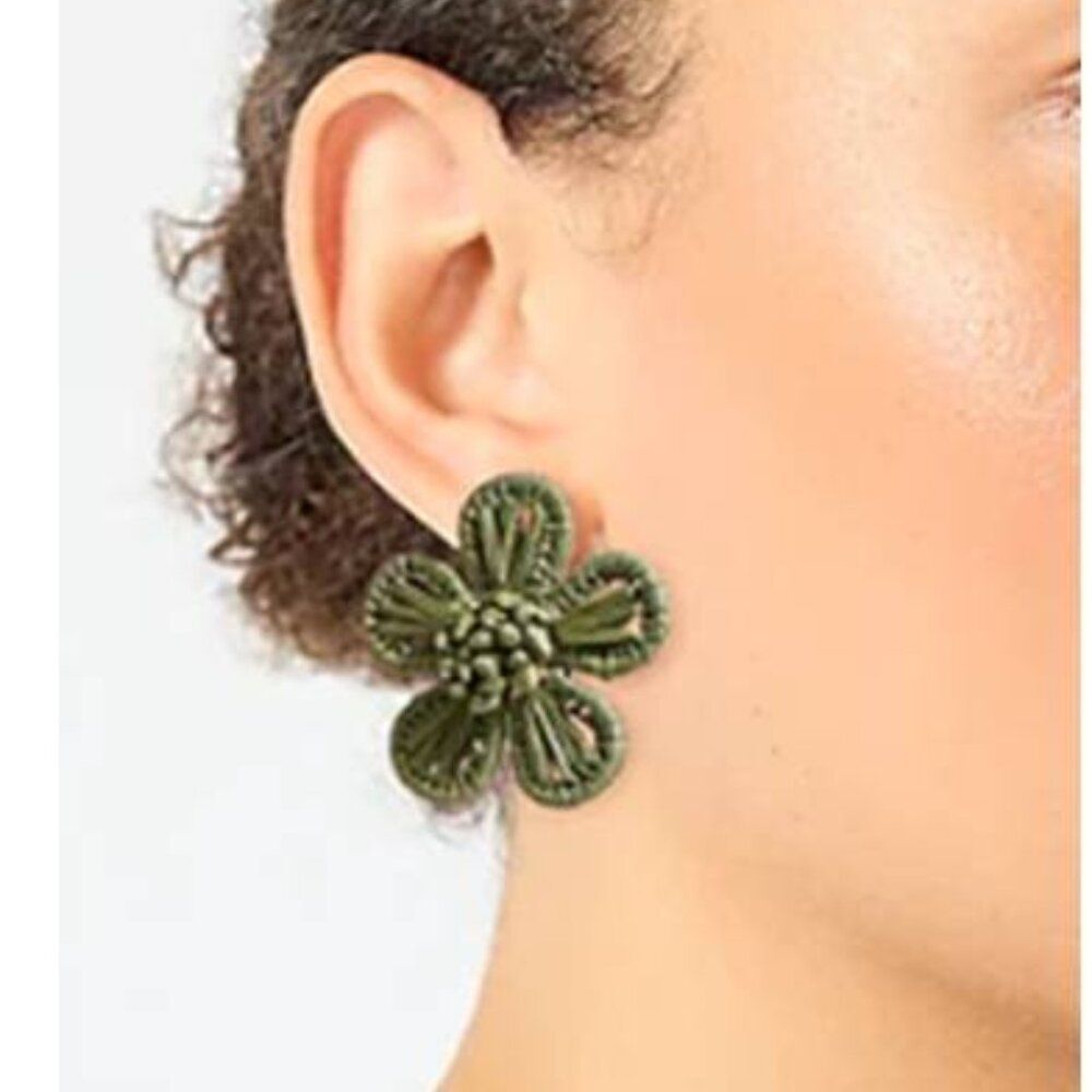 J Crew Women's Woven Flower Earrings Evening Party Tropical Green $49